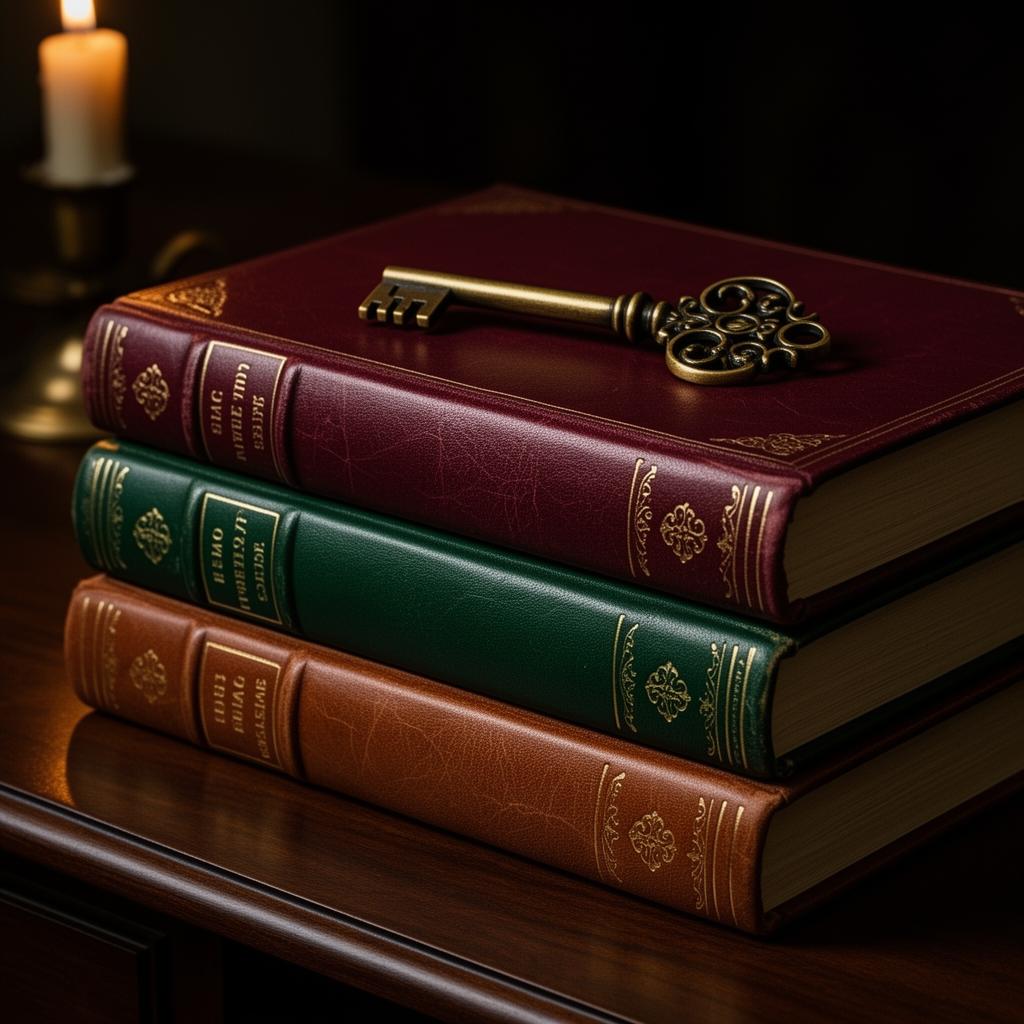 Stack of leather-bound author editions on a study desk