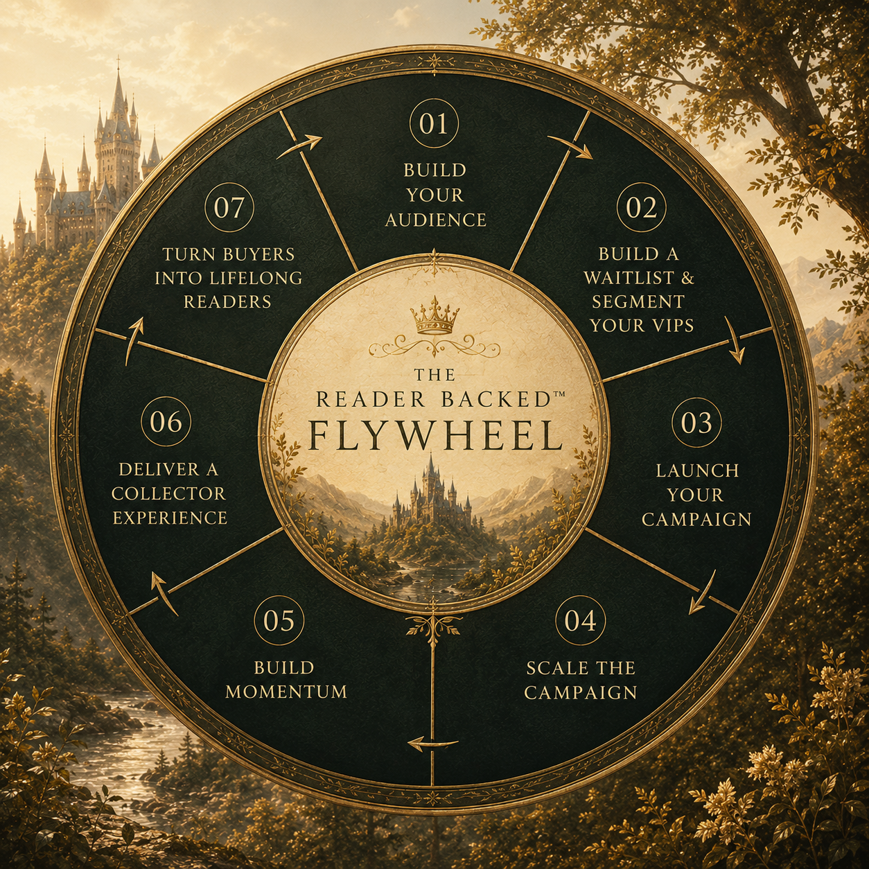 The Reader Backed Flywheel: 1 Build Your Audience, 2 Build a Waitlist & Segment Your VIPs, 3 Launch Your Campaign, 4 Scale the Campaign, 5 Build Momentum, 6 Deliver a Collector Experience, 7 Turn Buyers Into Lifelong Readers