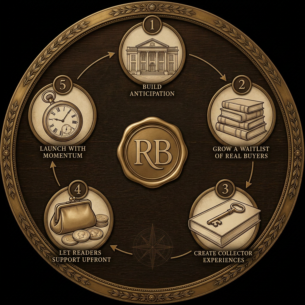 The Reader Backed Launch Model: a five-step circular diagram covering build anticipation, grow a waitlist of real buyers, create collector experiences, let readers support upfront, and launch with momentum.