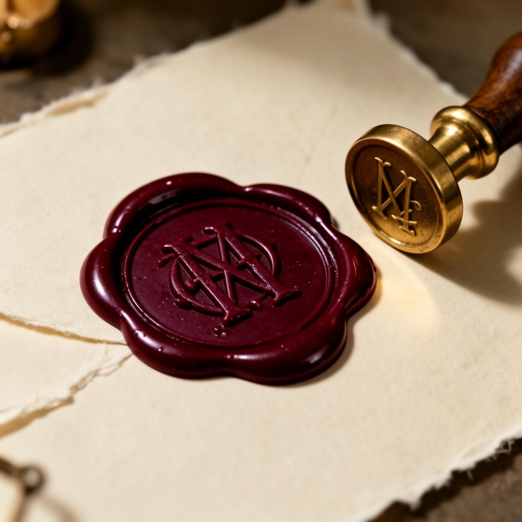 An oxblood wax seal pressed onto cream parchment