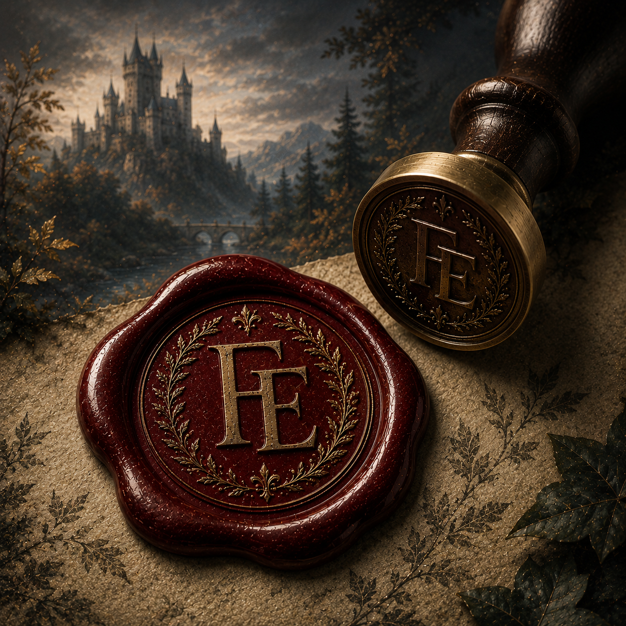 A crimson wax seal stamped with an FE monogram beside a misty castle scene